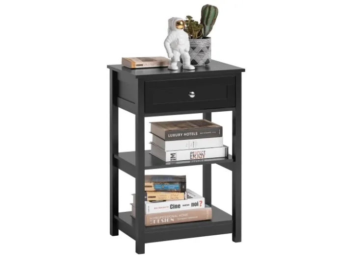 SoBuy Beistelltisch Nachttisch mit Schublade und 2 Ablagen 45x68x30cm Schwarz FBT46-SCH