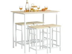 SoBuy Essgruppe Esstisch Set 5-teilig Bartisch mit 4 Hockern Weiß-Natur OGT11-WN* Tische|Hocker