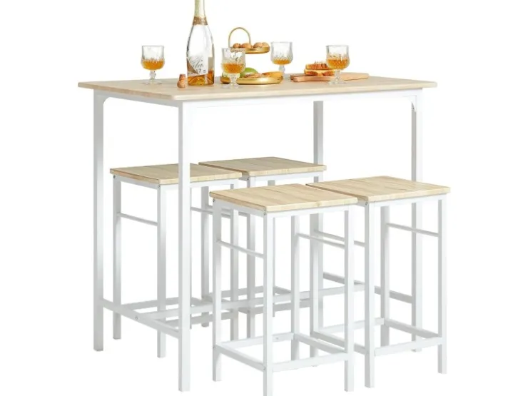 SoBuy Essgruppe Esstisch Set 5-teilig Bartisch mit 4 Hockern Weiß-Natur OGT11-WN* Tische|Hocker
