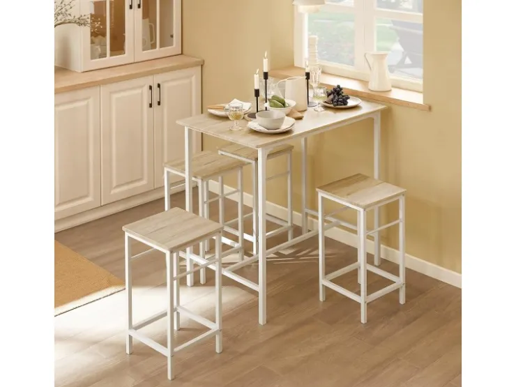 SoBuy Essgruppe Esstisch Set 5-teilig Bartisch mit 4 Hockern Weiß-Natur OGT11-WN* Tische|Hocker