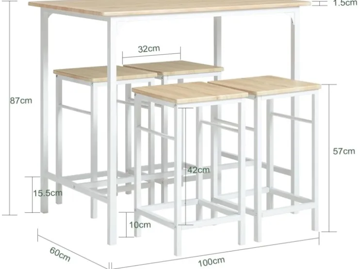 SoBuy Essgruppe Esstisch Set 5-teilig Bartisch mit 4 Hockern Weiß-Natur OGT11-WN* Tische|Hocker