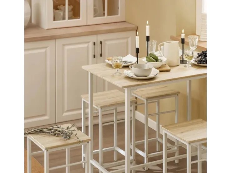 SoBuy Essgruppe Esstisch Set 5-teilig Bartisch mit 4 Hockern Weiß-Natur OGT11-WN* Tische|Hocker