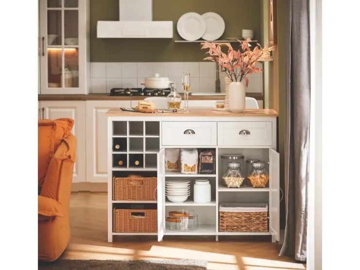 SoBuy Kücheninsel mit 2 Rattankörben Küchenschrank Sideboard Buffet KNL05-W* Schränke