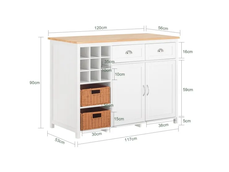 SoBuy Kücheninsel mit 2 Rattankörben Küchenschrank Sideboard Buffet KNL05-W* Schränke