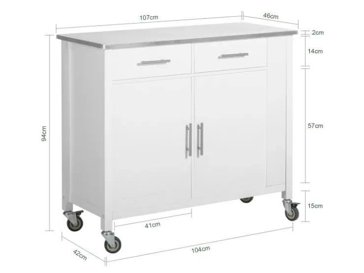 SoBuy Küchenwagen mit Edelstahlplatte Kücheninsel Rollwagen Weiß FKW108-W