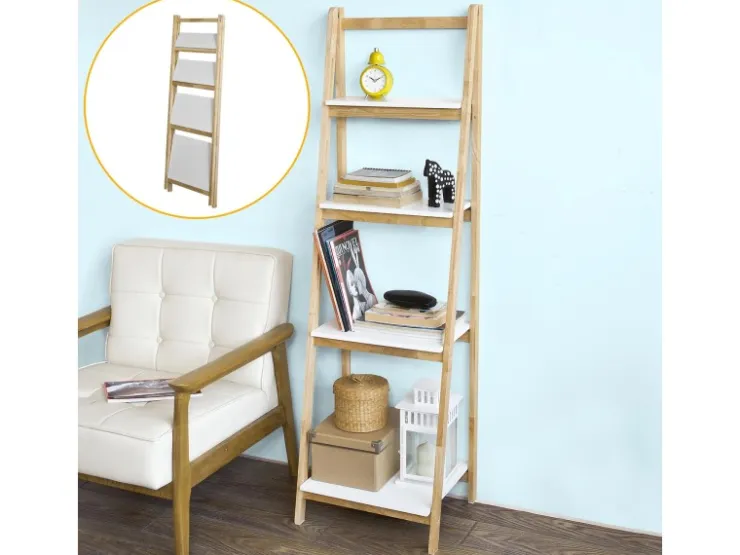 SoBuy Leiterregal Bücherregal mit 4 Böden klappbar Kautschukholz FRG162-N* Holzregale|Regal Weiß