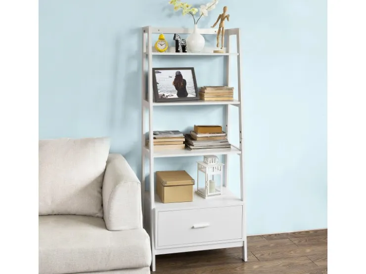 SoBuy Leiterregal mit Ablagen und Schublade MDF Weiß FRG116-W* Kommode|Leitern