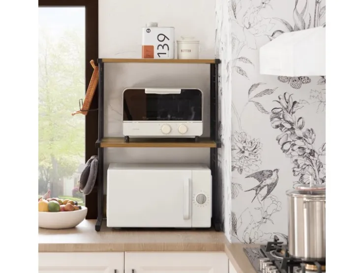 SoBuy Mikrowellenhalter Küchenregal mit 2 Ablagen und 2 Flaschenhalter KCR08-PF* Holzregale