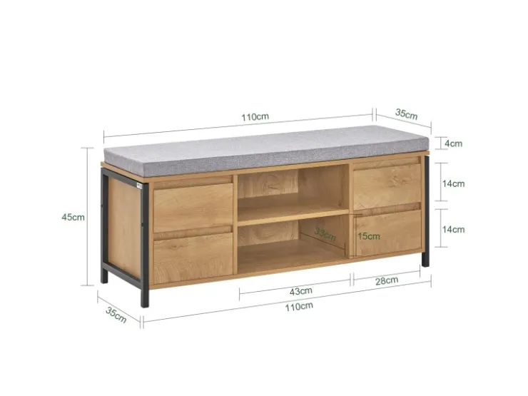 SoBuy Schuhbank mit 4 Schubladen und 2 Fächern MDF PB Natur Schwarz FSR149-N* Kissen|Regale Schwarz