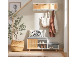 SoBuy Schuhbank mit 2 Sitzflächen und 1 Schiebetür MDF Bambus Weiß FSR125-WN