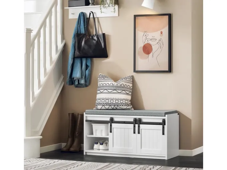 SoBuy Schuhbank mit Sitzfläche Sitzbank mit Stauraum Schuhregal 90x46x35cm Weiß FSR133-K-W* Sitzbänke
