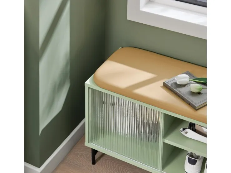 SoBuy Schuhbank mit Sitzfläche und Schiebetüren MDF Glas Grün FSR115-GR* Sitzbänke