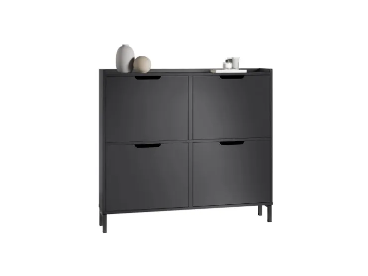 SoBuy Schuhschrank Schmal mit 4 Klappen Schuhkommode 100x91x19cm Schwarz FSR100-SCH* Regale Schwarz