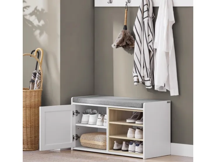 SoBuy Sitzbank mit Stauraum und Sitzfläche Weiß Holz FSR109-WN* Sitzbänke