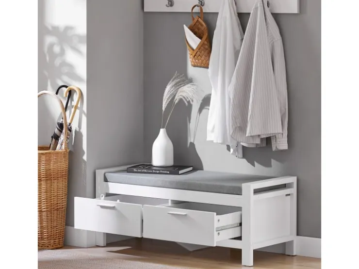 SoBuy Sitzbank mit Stauraum und 2 Schubladen MDF Weiß FSR74-W* Regal Weiß|Sitzbänke