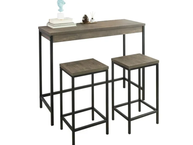 SoBuy 3-teilig Bartisch mit 2 Barhockern Esszimmer MDF Metall Natur OGT30-N