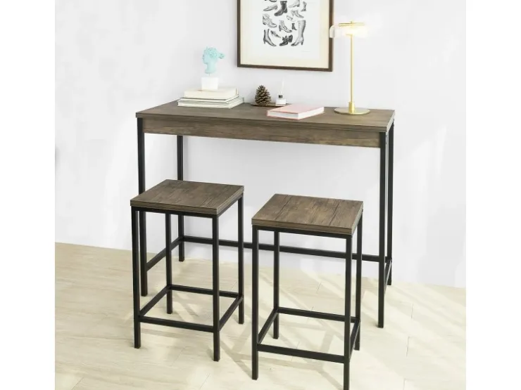 SoBuy 3-teilig Bartisch mit 2 Barhockern Esszimmer MDF Metall Natur OGT30-N