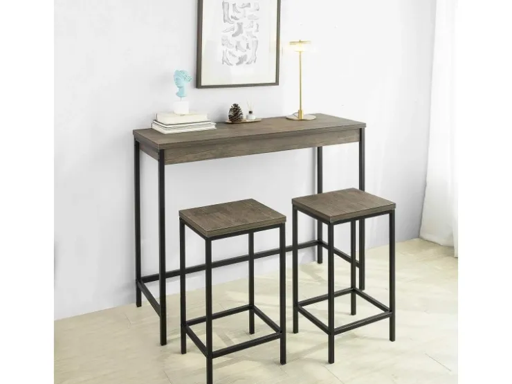 SoBuy 3-teilig Bartisch mit 2 Barhockern Esszimmer MDF Metall Natur OGT30-N