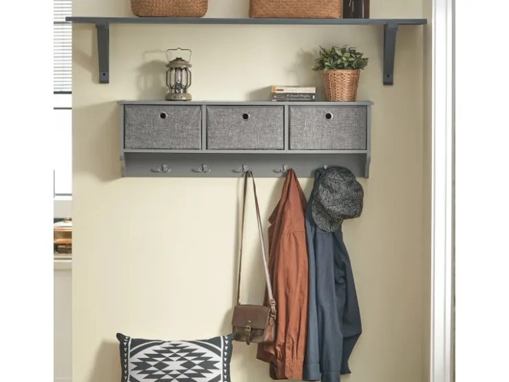 SoBuy Wandgarderobe mit 3 Körben und 5 Haken MDF Vlies Grau FRG282-HG