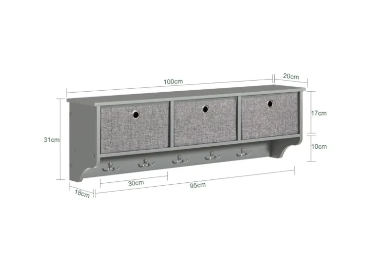 SoBuy Wandgarderobe mit 3 Körben und 5 Haken MDF Vlies Grau FRG282-HG