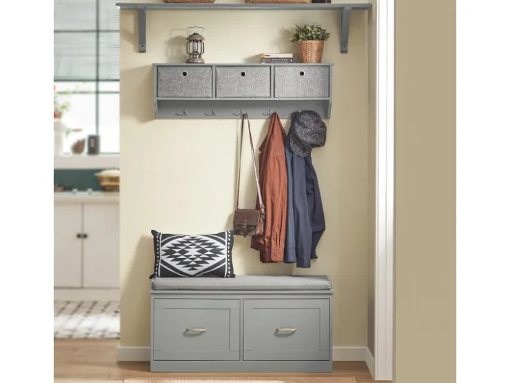 SoBuy Wandgarderobe mit 3 Körben und 5 Haken MDF Vlies Grau FRG282-HG