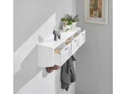 SoBuy Wandgarderobe mit 3 Körben und 4 Haken MDF Weiß FHK19-W