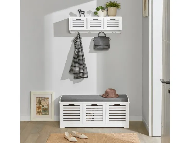 SoBuy Wandgarderobe mit 3 Körben und 4 Haken MDF Weiß FHK19-W