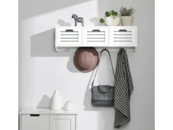SoBuy Wandgarderobe mit 3 Körben und 4 Haken MDF Weiß FHK19-W