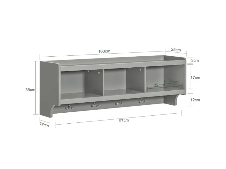 SoBuy Wandgarderobe mit 3 Körben und 4 Haken MDF Grau FHK28-HG* Garderoben