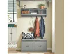 SoBuy Wandgarderobe mit 3 Körben und 4 Haken MDF Grau FHK28-HG* Garderoben