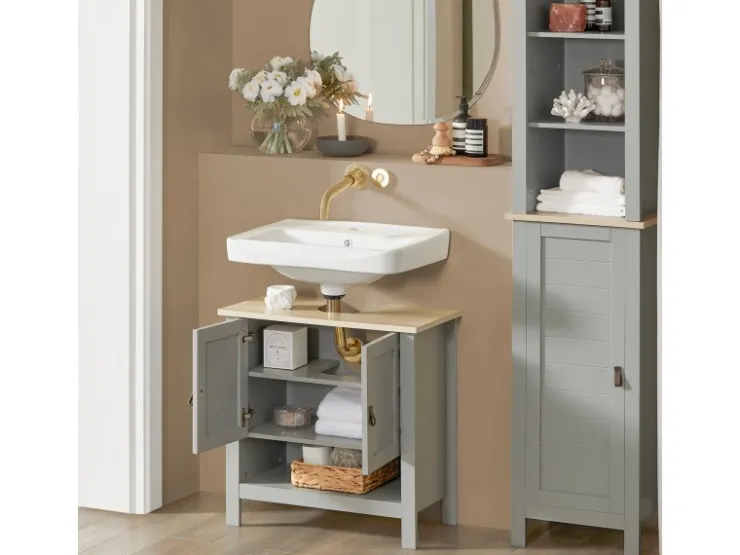 SoBuy Waschbeckenunterschrank Badschrank mit 2 Türen und 1 Fach 60x60x30cm Grau BZR69-HG* Schränke|Aufbewahrung