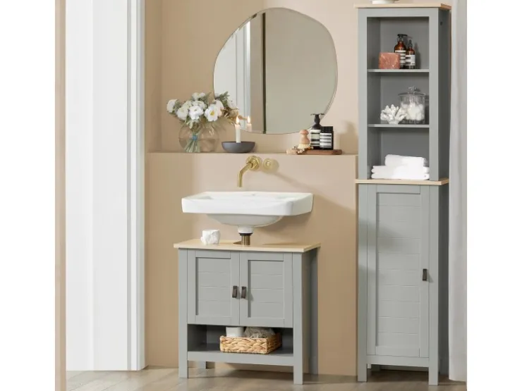 SoBuy Waschbeckenunterschrank Badschrank mit 2 Türen und 1 Fach 60x60x30cm Grau BZR69-HG* Schränke|Aufbewahrung