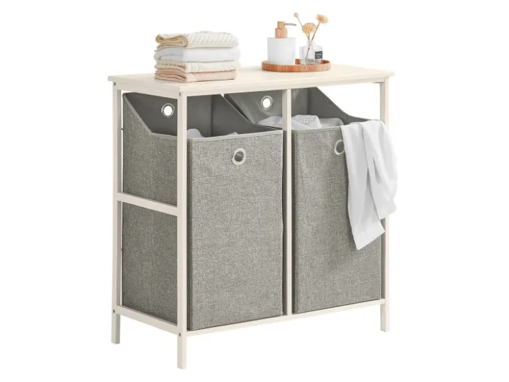 SoBuy Wäscheschrank mit 2 abnehmbaren Wäschesäcken Metall Vlies Grau BZR57-W* Sitzbänke