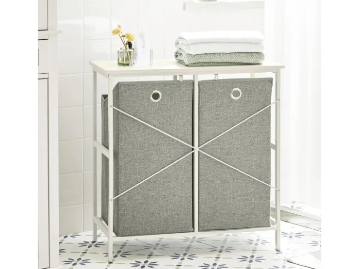 SoBuy Wäscheschrank mit 2 abnehmbaren Wäschesäcken Metall Vlies Grau BZR57-W* Sitzbänke