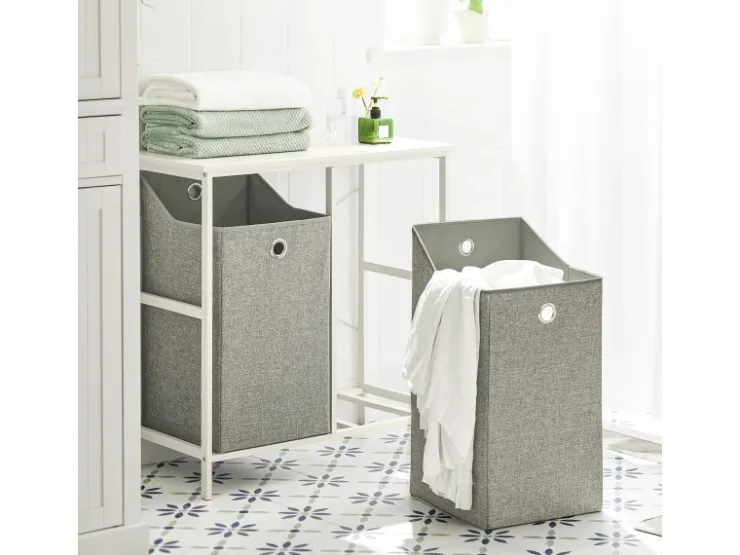SoBuy Wäscheschrank mit 2 abnehmbaren Wäschesäcken Metall Vlies Grau BZR57-W* Sitzbänke