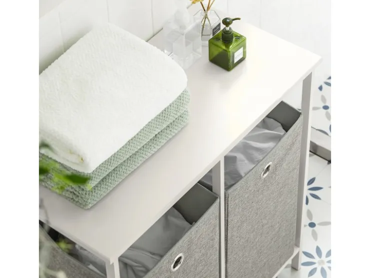 SoBuy Wäscheschrank mit 2 abnehmbaren Wäschesäcken Metall Vlies Grau BZR57-W* Sitzbänke