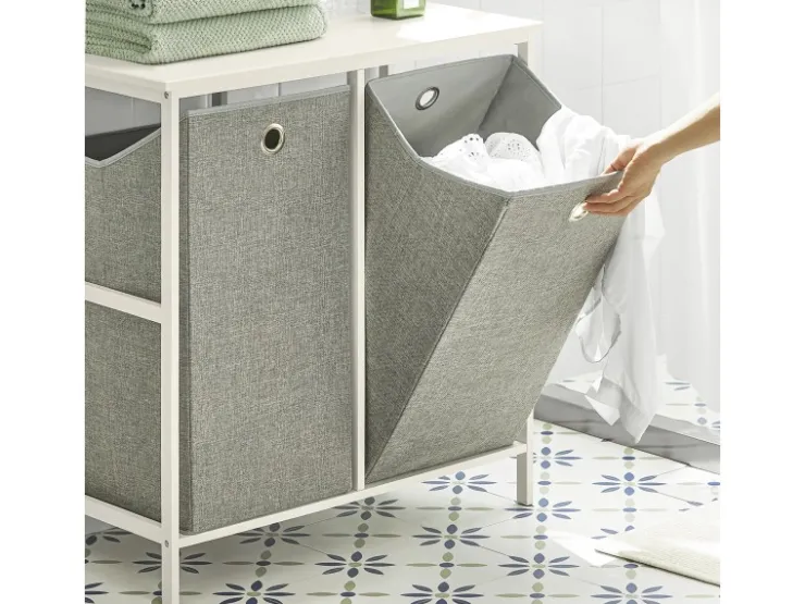 SoBuy Wäscheschrank mit 2 abnehmbaren Wäschesäcken Metall Vlies Grau BZR57-W* Sitzbänke