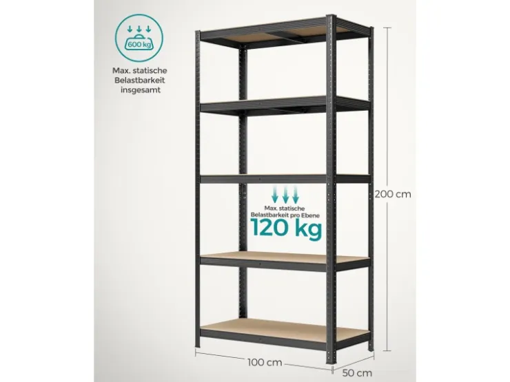 Songmics Lagerregal 50 cm x 100 cm x 200 cm Schwarz