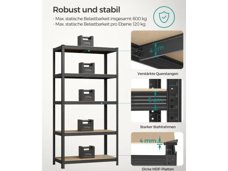 Songmics Lagerregal 50 cm x 100 cm x 200 cm Schwarz