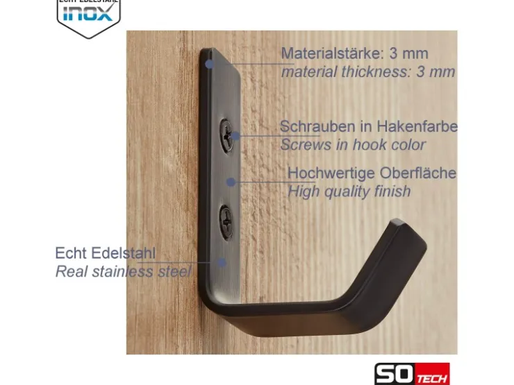 SOTECH Kleiderhaken LOXTEN 60 x 20 x 45 mm Echt Edelstahl Schwarz