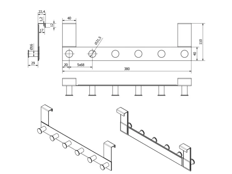 SOTECH Türgarderobe LINEA I Edelstahl mit 6 Haken für Türen mit Falz max. 16 mm