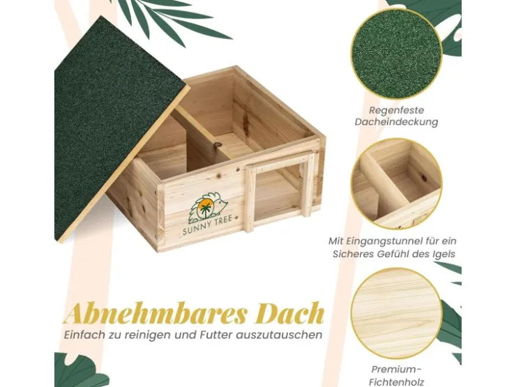 Sunny Tree Igelhaus Wasserdichtes Holz-Igelhaus mit Boden Igel-Futterhaus für Draußen Igelhaus mit Eingangstunnel* Kleintierbedarf