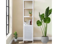SVITA Badregal L Mit Tür Hoher Badezimmerschrank Regal Freistehend Natur Weiß