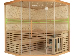 Home Deluxe Traditionelle Sauna SKYLINE BIG Tannenholz Natur XL mit Kunststeinwand* Sitzbänke