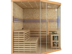 Home Deluxe Traditionelle Sauna SKYLINE BIG Tannenholz Natur XL mit Kunststeinwand* Sitzbänke
