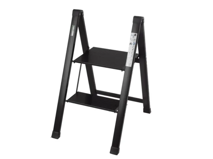 TRUTZHOLM Trittleiter 2 Stufig Klappbar bis 150 kg Alu Anti Rutsch Trittflächen TÜV GS Schwarz