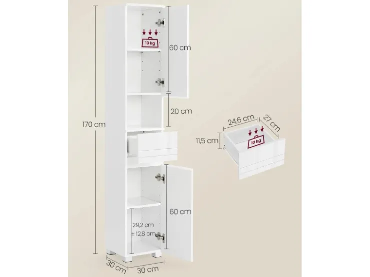 Vasagle Badezimmerschrank mit Schublade 30 cm x 30 cm x 170 cm Weiß* Schränke
