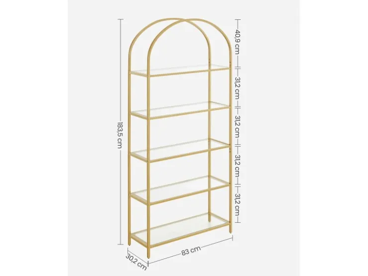 Vasagle Bücherregal 5 Ablagen Hartglas 30,2 cm x 83 cm x 183,5 cm Gold* Bücherregale|Vasen