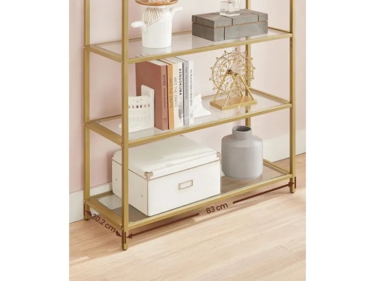 Vasagle Bücherregal 5 Ablagen Hartglas 30,2 cm x 83 cm x 183,5 cm Gold* Bücherregale|Vasen