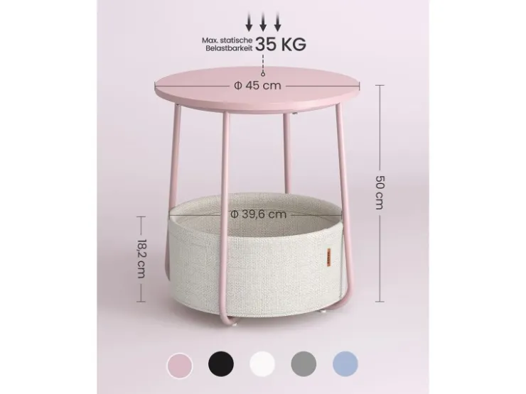 Vasagle Beistelltisch mit Stoff-Korb Ø 45 cm x 51 cm Rosa-Weiß